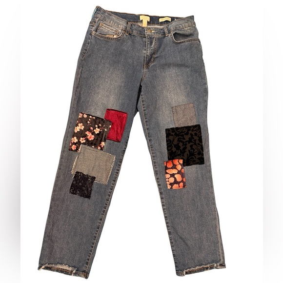 LOGO Lori Goldstein Patchwork Boyfriend Jeans Raw Hem Ankle Crop Size 6 Boho - Picture 2 of 8